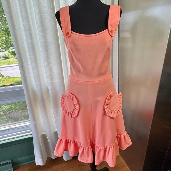 Vintage 80s pinafore dress, peach/coral, ruffled hem, round ruffle pockets - Picture 1 of 10